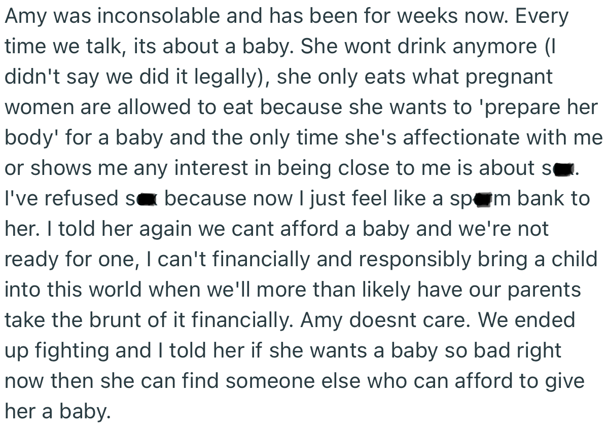 The couple got into a fight due to their differing opinions about having a child. Unfortunately, OP uttered some harsh words that he couldn’t take back