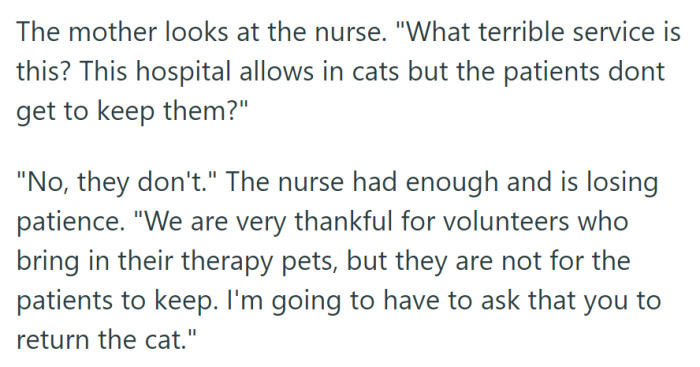 The mother was frustrated by the hospital's policy, but the nurse firmly requested the cat's return.