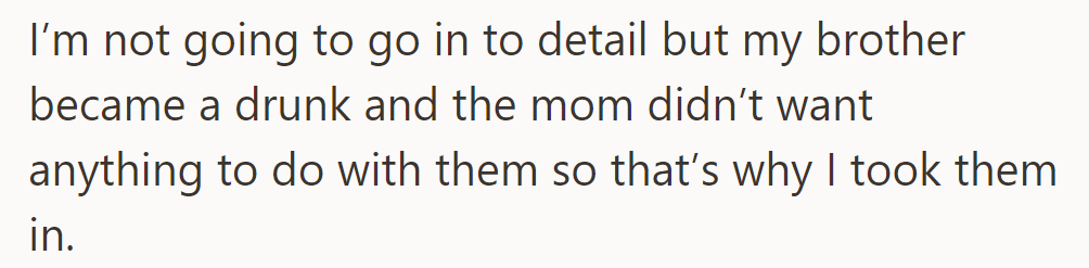 The children's father became an alcoholic, and their mother abandoned them, so OP took them in.