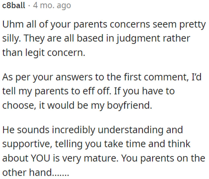 OP's parents' concerns seem judgmental rather than genuinely caring