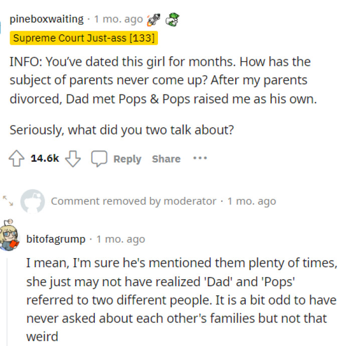 This person asked for a bit of info, even though they didn't get it, but a lot of people had a few more questions about how the subject of parents never came up.