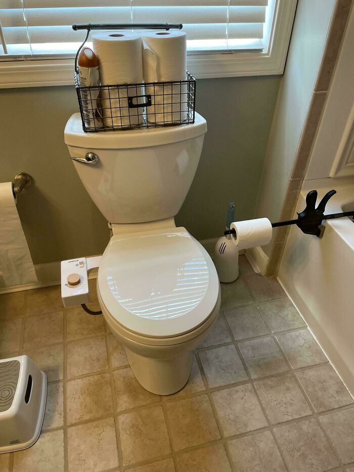 "Installed A New Toilet And My 3-Year-Old Can't Reach The Toilet Paper Anymore. Had To Improvise"