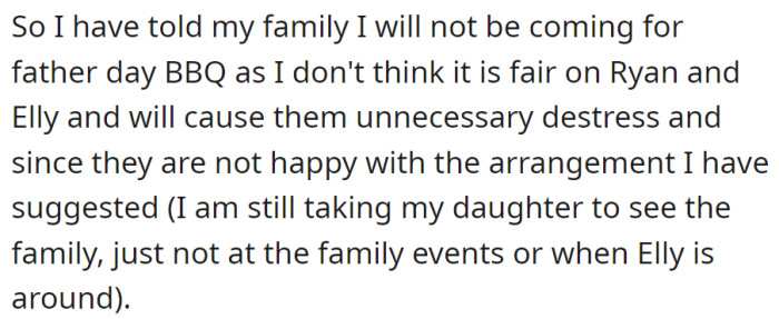 Skipping the Father's Day BBQ to avoid distressing Ryan and Elly. The family disapproves of the arrangement; opting to visit separately with the daughter.