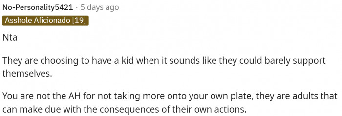 I think it's also important to show that they need to figure things out themselves, especially since they're having a baby.