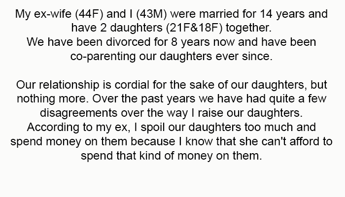 OP starts the story: My ex-wife (44F) and I (43M) were married for 14 years and have 2 daughters (21F & 18F) together.
