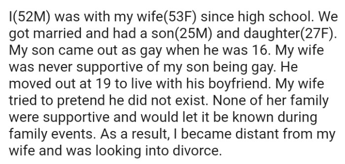 OP's son came out as gay when he was 16, and his wife was never supportive of their son being gay