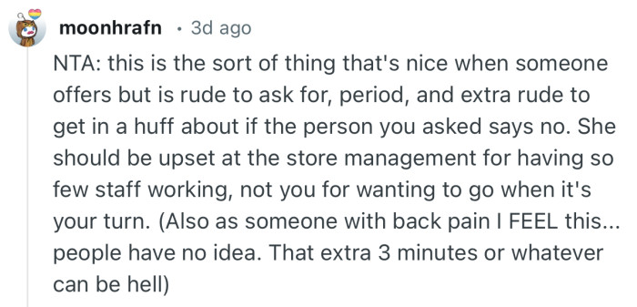 “NTA: this is the sort of thing that's nice when someone offers but is rude to ask for…“