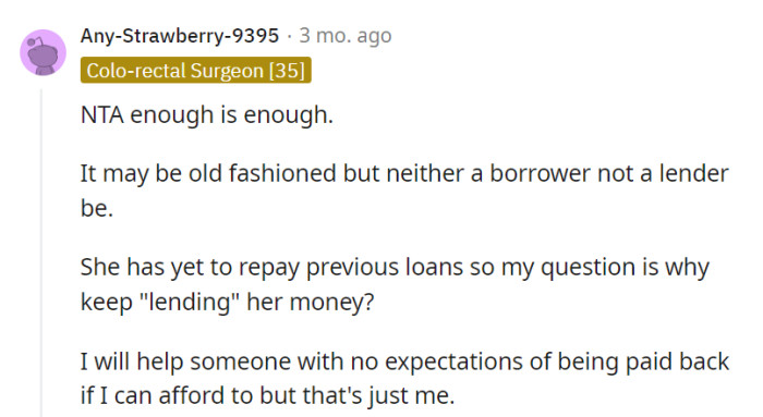 If there's no repayment and it's a recurring pattern, why continue lending? Helping without expectations is fine, but it shouldn't become a one-sided burden.