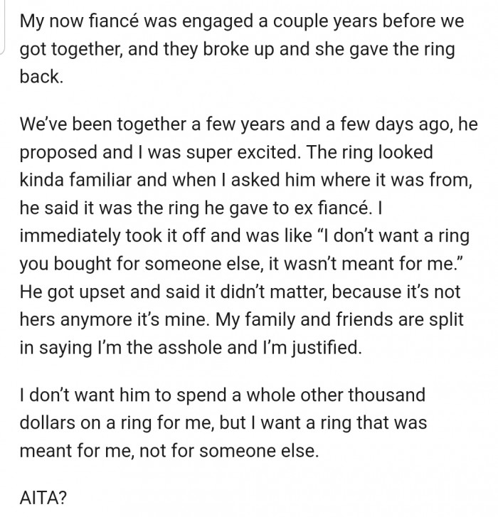 OP explained that she wants a ring that was meant for her, and her alone