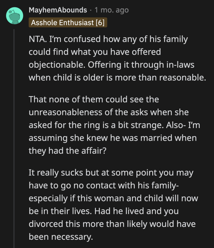 They advised OP to distance herself from her husband's family if they are trying to pressure her to cooperate with her husband's mistress.