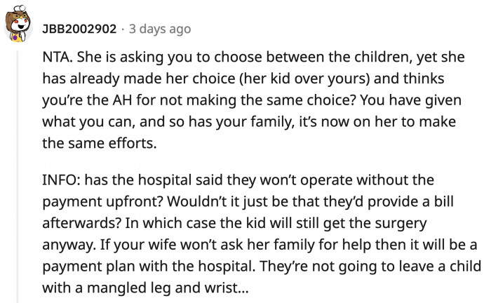 It was hypocritical of her, and OP has exhausted all of his means. Will the hospital not operate on Rose if they can't pay the cost of the surgery upfront?