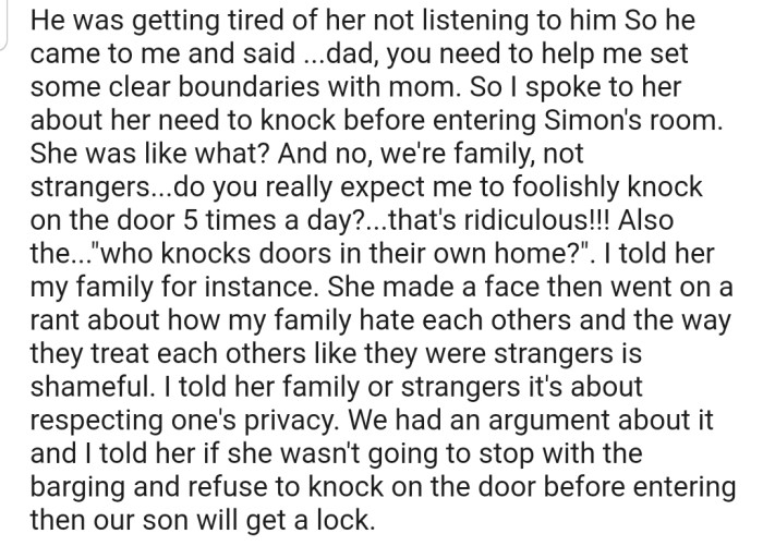 OP Tried to Relay Their Son's Displeasure to Her, but She Didn't See the Sense in Knocking in Her Own House