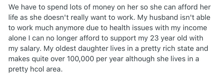 OP’s last daughter refused to go to college and also refused to work. So for the past year, she has been paying all her daughter’s bills. Unfortunately, OP can’t afford it anymore