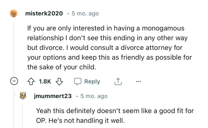 “If you are only interested in having a monogamous relationship, I don’t see this ending in any other way but divorce.”