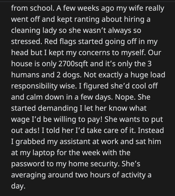 She gets their daughter ready for school, goes back to bed, half-heartedly does dog-related chores, cleans a bit, orders food, and sits in front of the TV while scrolling on her phone