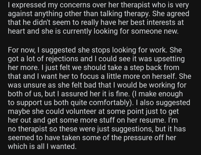 OP offered some solutions that could help with his GF's depression.