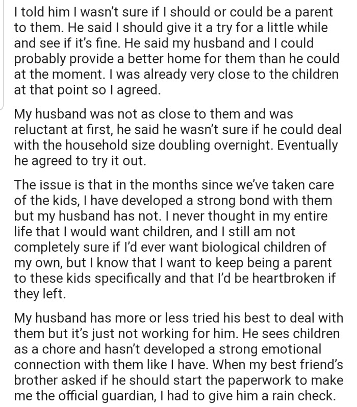 OP Wasn't Sure About the Arrangement at First, but After Spending Some Time with the Kids, They've Now Developed a Special Bond with Them. OP's Husband, However, Is Opposed to Adopting the Kids.