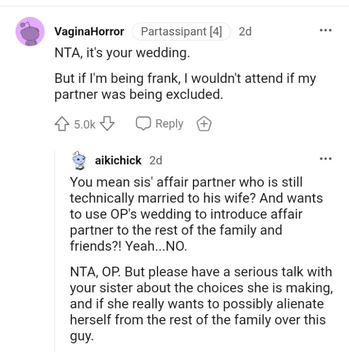 This Redditor wouldn't attend if their partner was being excluded
