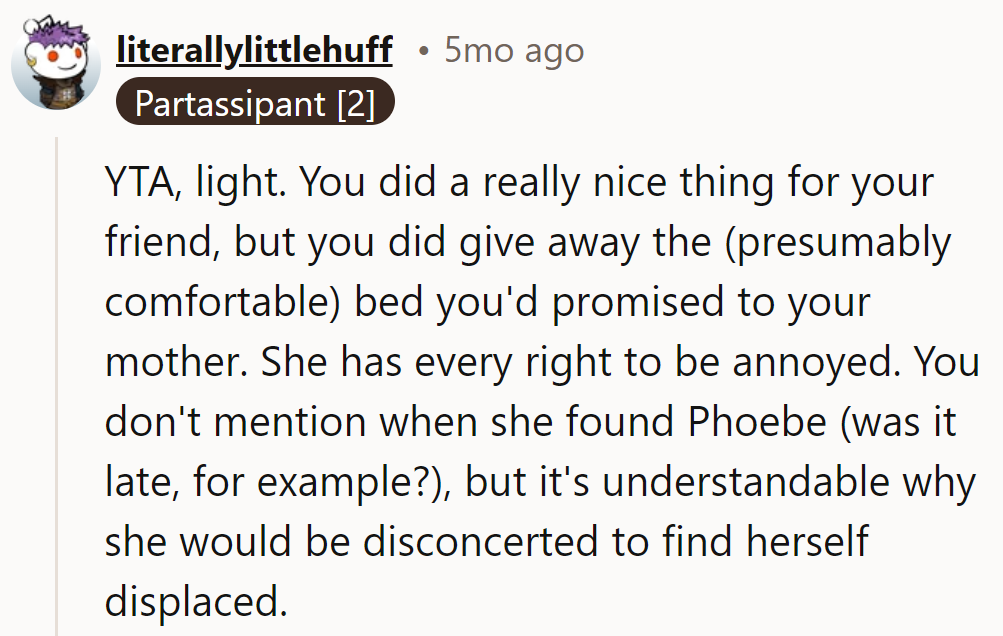 YTA light: Friends got the couch, but next time, save the comfy bed for Mom—she might stage a 