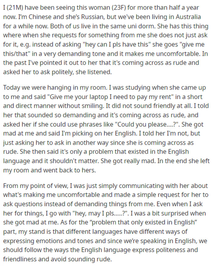 OP's post explains the details and talks about their communication and overall dynamic, as well as his issue with this.