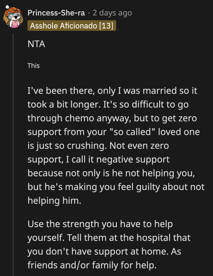 Imagine doing chores for a grown man you don't even live with while you're going through chemotherapy