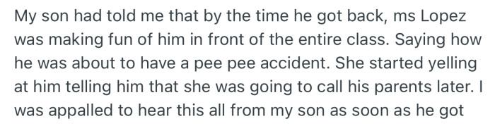 Distressed father confronting a teacher after a bathroom shaming incident