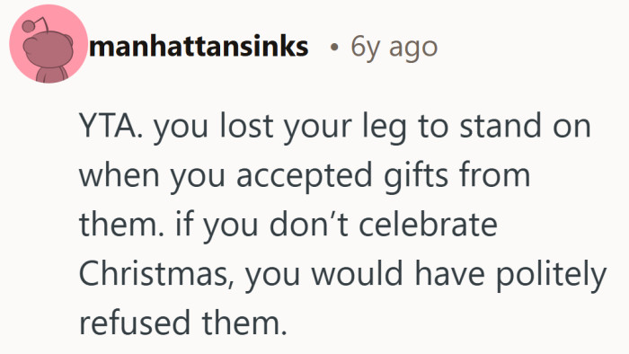 Another voice zeroes in on the mismatch between accepting gifts and refusing to give any in return...