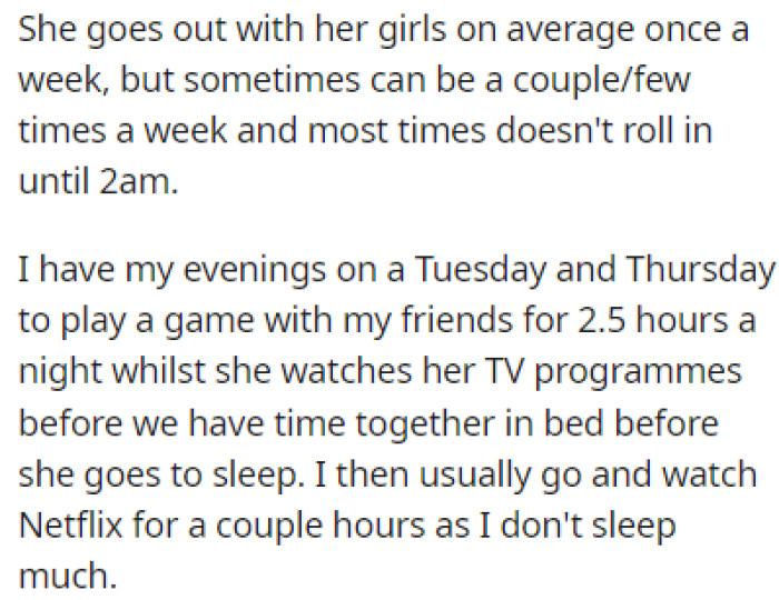 The wife goes out with her girls while OP has a couple of evenings reserved for video games with friends