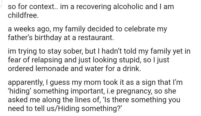 OP's non-alcoholic order made her parents suspect that she might be pregnant