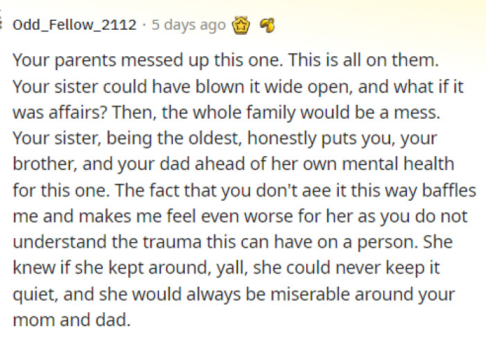 This person had a different perspective than what many people are seeing, as this person was actually on the same side as OP's sister.