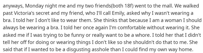 She then discusses the conversation that occurred between her and her friend regarding OP not wearing a bra to the mall.