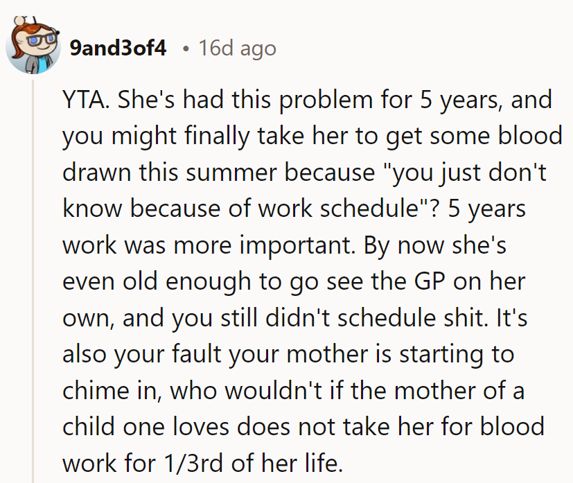 YTA. Five years in, and still no blood work? Even kids can schedule doctor visits.