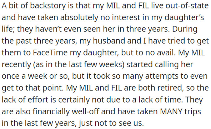 OP's in-laws live out of state and have shown little interest in OP's daughter's life