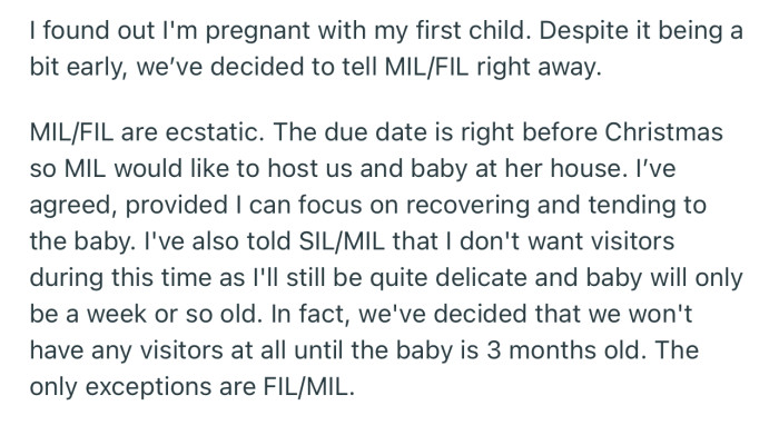OP’s in-laws have opted to host her at their home after she gives birth. However, OP has made it clear that she doesn't want any visitors while recovering at their home