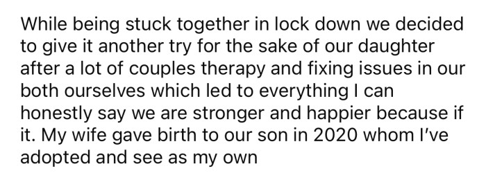 During lockdown, the OP and his wife decided to give their marriage another chance for their daughter's sake.