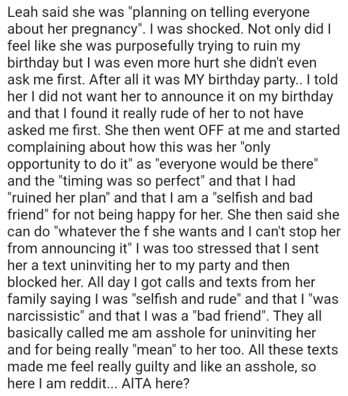 The OP sent her a text uninviting her to the birthday party and then blocked her