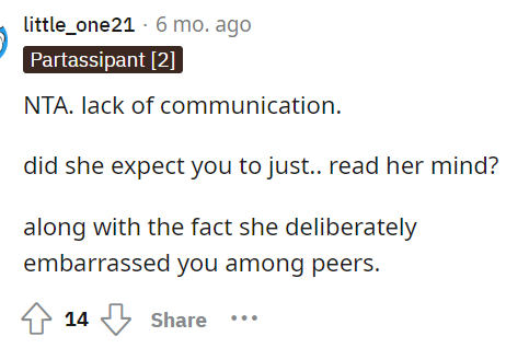 There was a lack of communication on the mom's part because if she had a preference, then she needed to make that known.