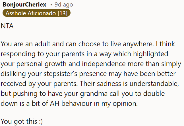 As an adult, OP has the freedom to choose where she lives.