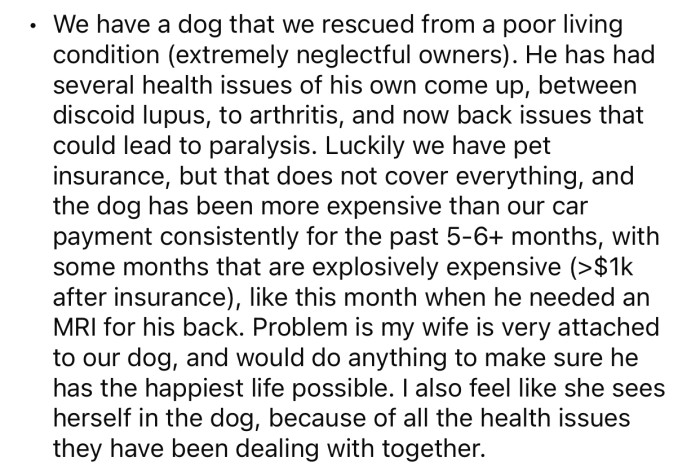 OP's wife is quite attached to their dog, but his health expenses have become a bit too much lately.
