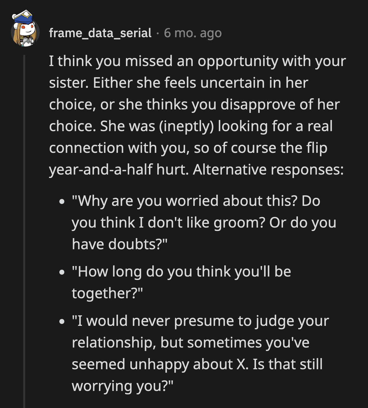 OP could have redirected the conversation if he had asked his sister why she wanted him to estimate the longevity of her marriage.