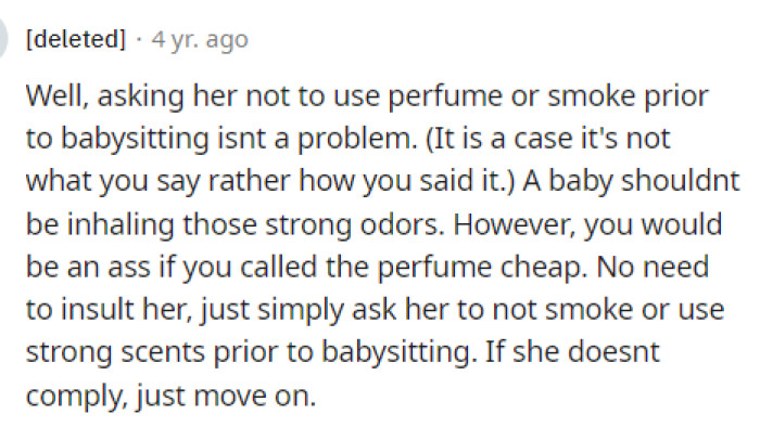 This definitely shows what she should do because it's something that is commonly asked of people before being around their children.