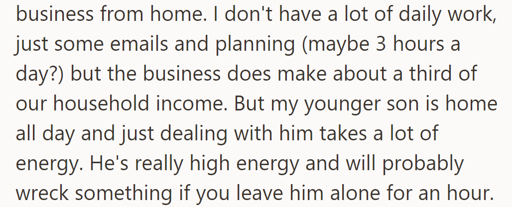 Home business contributes a third of income, but managing an energetic son makes work tough.