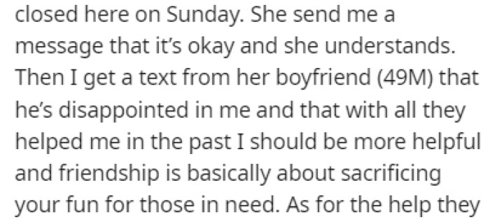 After rejecting the friend, OP got a text from her boyfriend