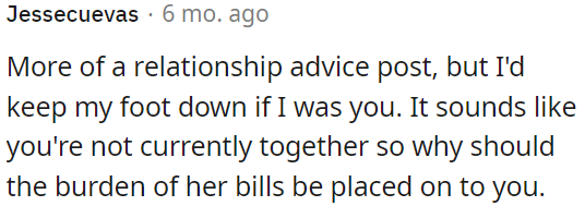 OP shouldn't cover her bills.