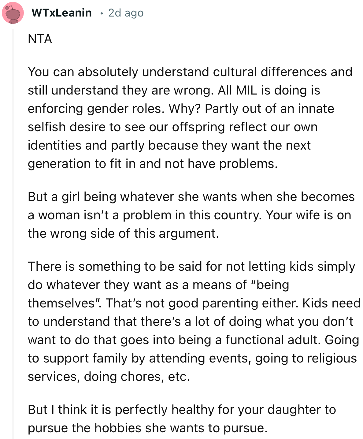 “All MIL is doing is enforcing gender roles. Why? Partly out of an innate selfish desire to see our offspring reflect our own identities.”