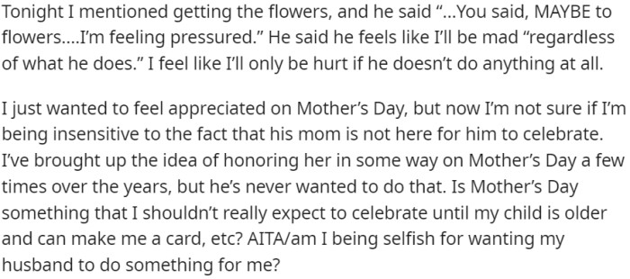OP questions whether she should lower her expectations for celebrating Mother's Day until their child is older and can actively participate.