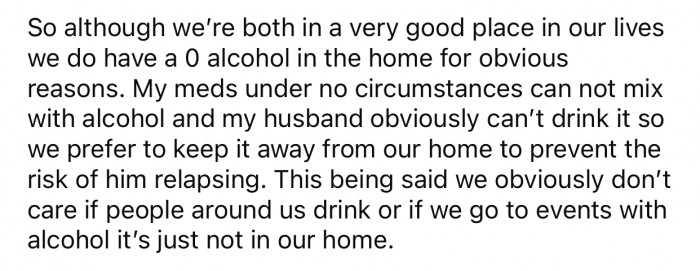 OP and her husband have a zero-tolerance policy for alcohol in their home.