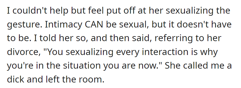 Uncomfortable with her sister sexualizing a simple gesture, OP suggested that it might contribute to her sister's divorce.