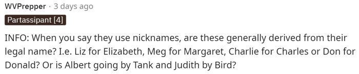 Someone requested more information on the types of nicknames used, and OP actually responded with some examples.