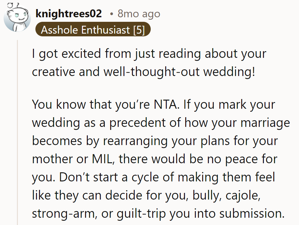 Excitement is contagious! But beware the wedding precedent trap. Don't let them strong-arm you, mother-in-law!